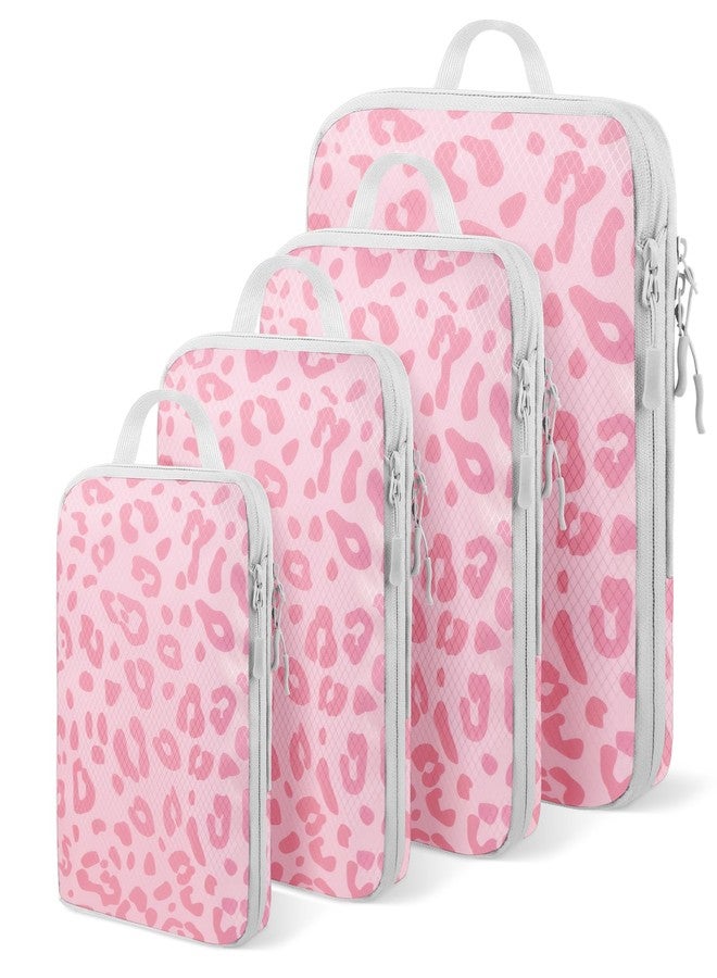 Lemoobolsa 4 Set Compression Packing Cubes For Travel Bags Organizer For Luggage Suitcase Organizer, Compression Bags For Travel Accessories Luggage Storage Set (4 Pcs, Pink Leoparda) - Image 1